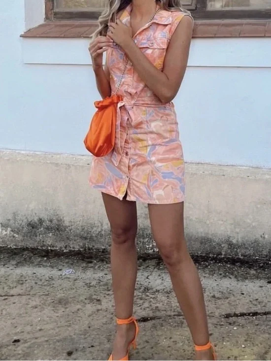 Zara Sleeveless Belted Denim Dress in Peach Lavender Yellow - Picture 6 of 8